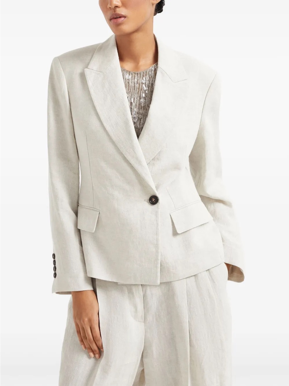 Brunello Cucinelli Double-Breasted Metallic Linen-Blend Blazer - Picture 4 of 17